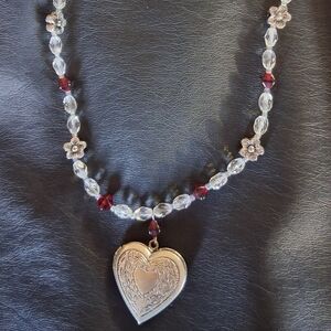 Silver Heart Pendant Necklace with Red Accents